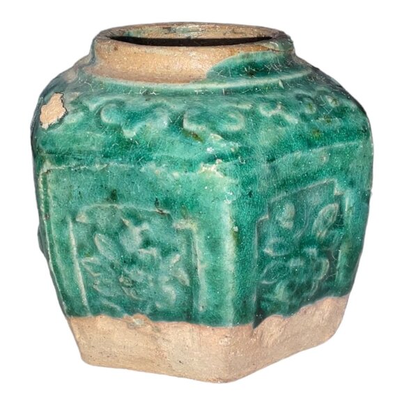 Vintage Green Hexagonal Floral Ceramic Vase